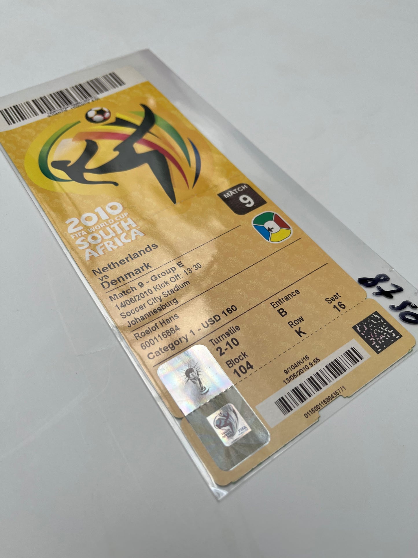 Boleto Mundial Sudáfrica 2010 Países Bajos vs Dinamarca