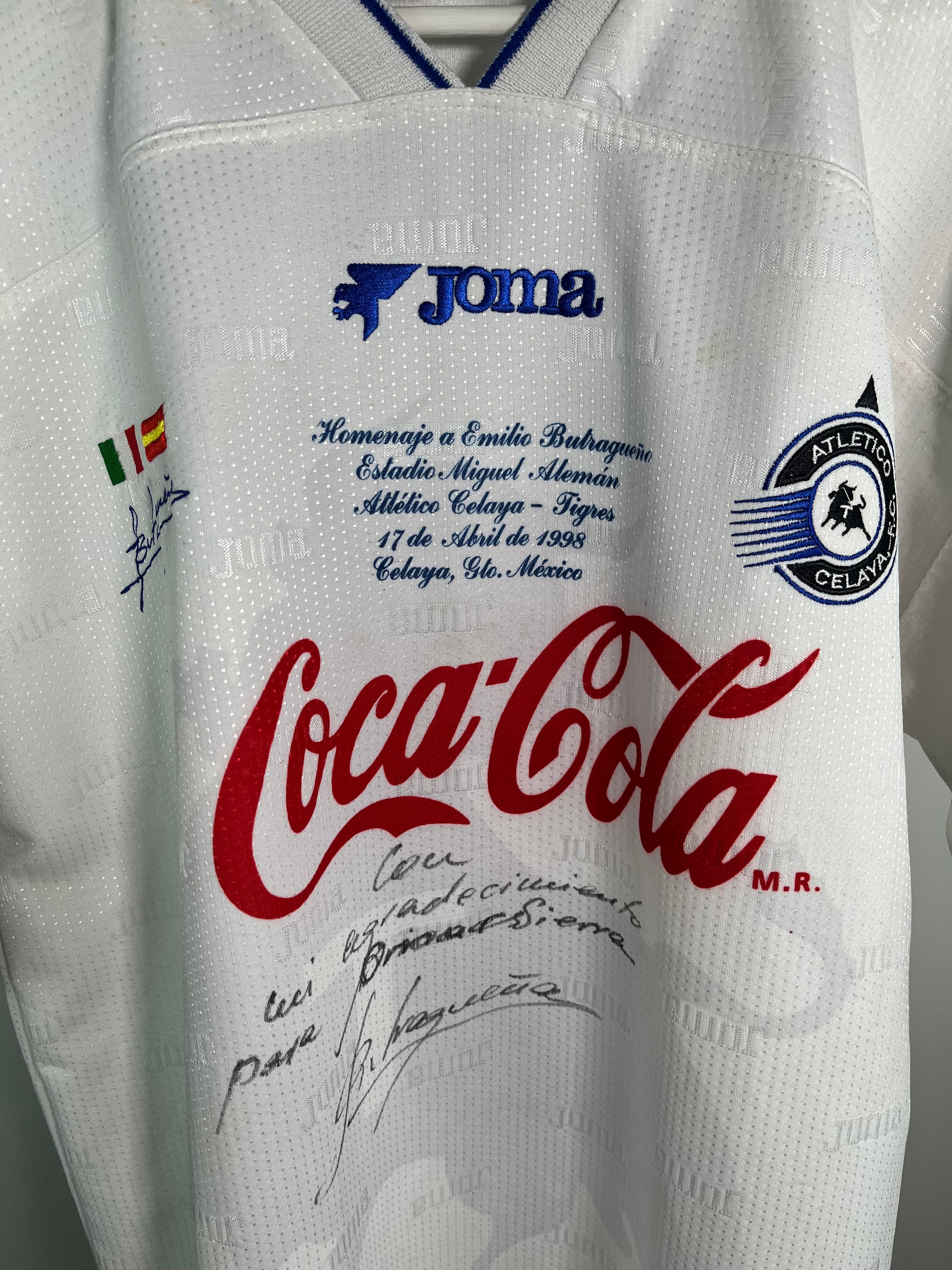 Jersey Celaya Local 1998 *Match Detail Partido Homenaje vs Tigres* Utileria Autografiado Emilio Butragueño (L)