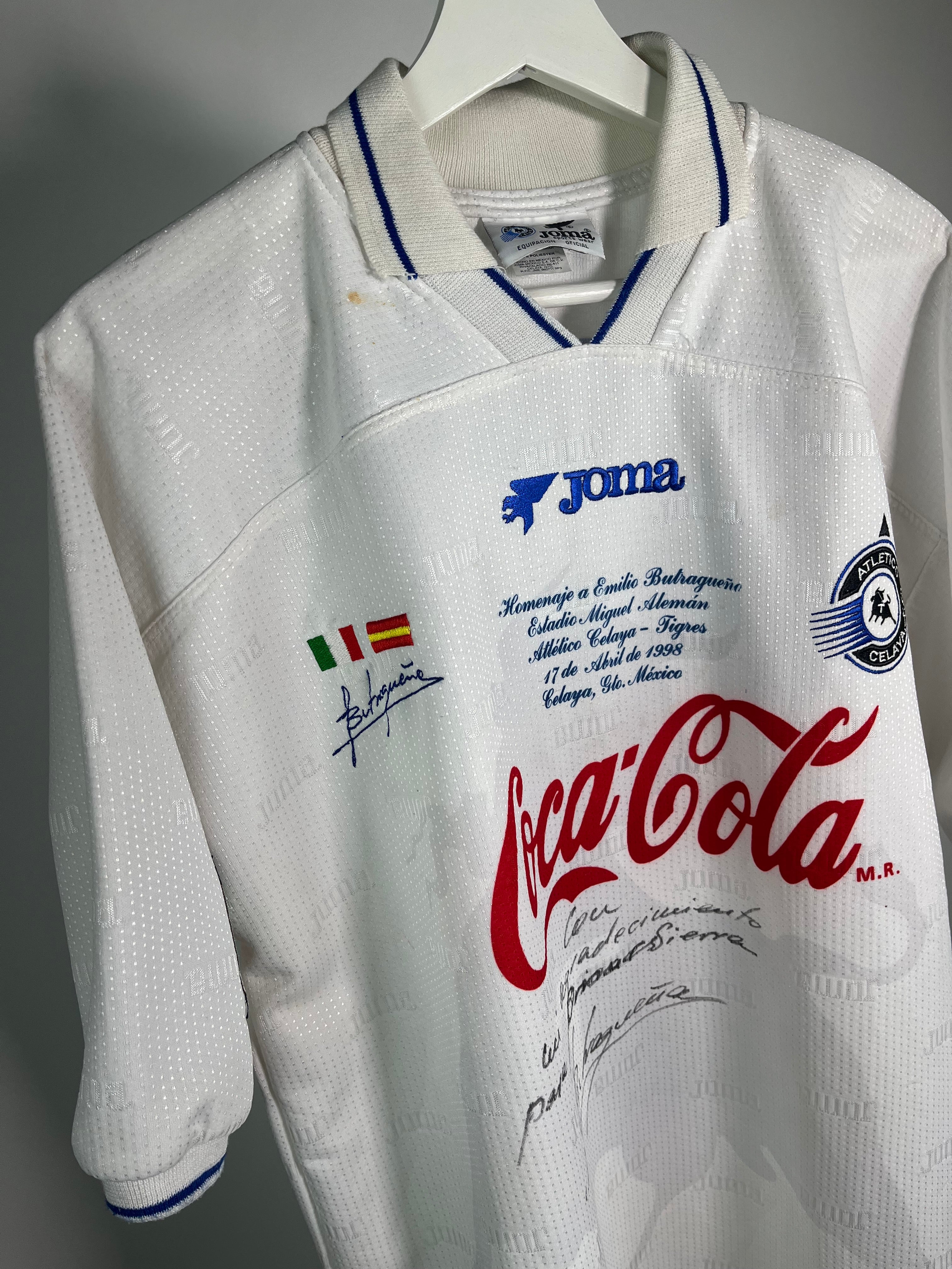 Jersey Celaya Local 1998 *Match Detail Partido Homenaje vs Tigres* Utileria Autografiado Emilio Butragueño (L)